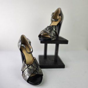 Levity Women's Jaguar Silver Metallic Leather Snake Skin Open Toe Heels Sz 9M